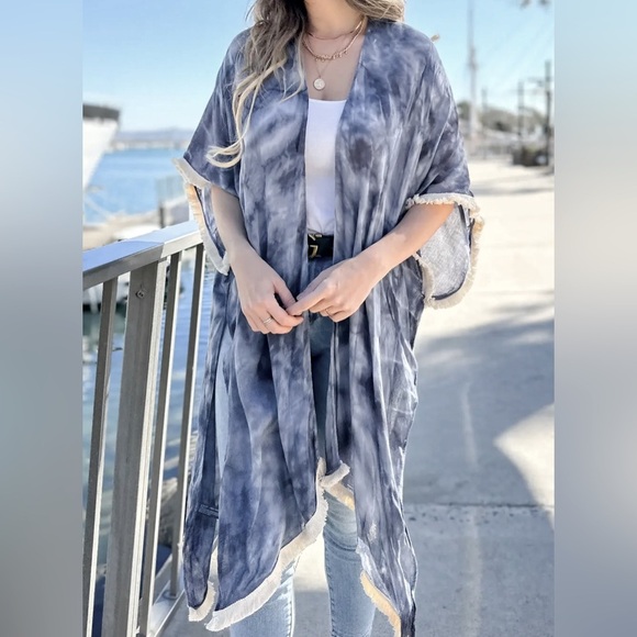 Tops - Blue-Gray Tie-Dye Kimono Cardigan Fringe Trim